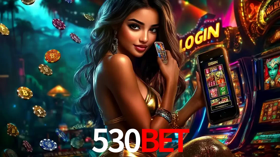 Mulher em um cenário de cassino temático de aventura, mostrando o app de caça-níqueis da 530bet no celular. Fichas de apostas flutuam ao redor.
