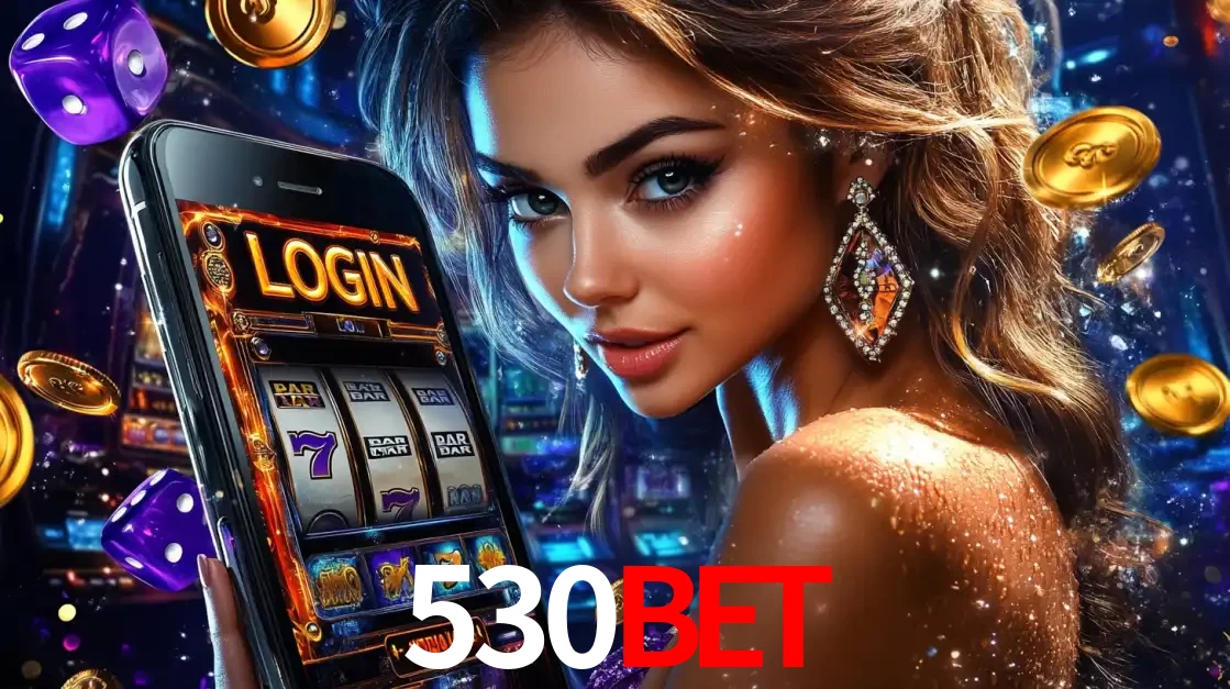 Mulher glamorosa segurando um smartphone com a tela de login para os jogos de caça-níqueis do cassino online 530bet, com moedas de ouro e dados ao redor.