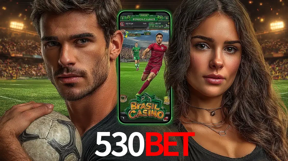 Homem segurando uma bola de futebol e uma mulher ao lado de um smartphone exibindo o jogo de apostas esportivas da 530bet. Faça seu palpite no cassino online.